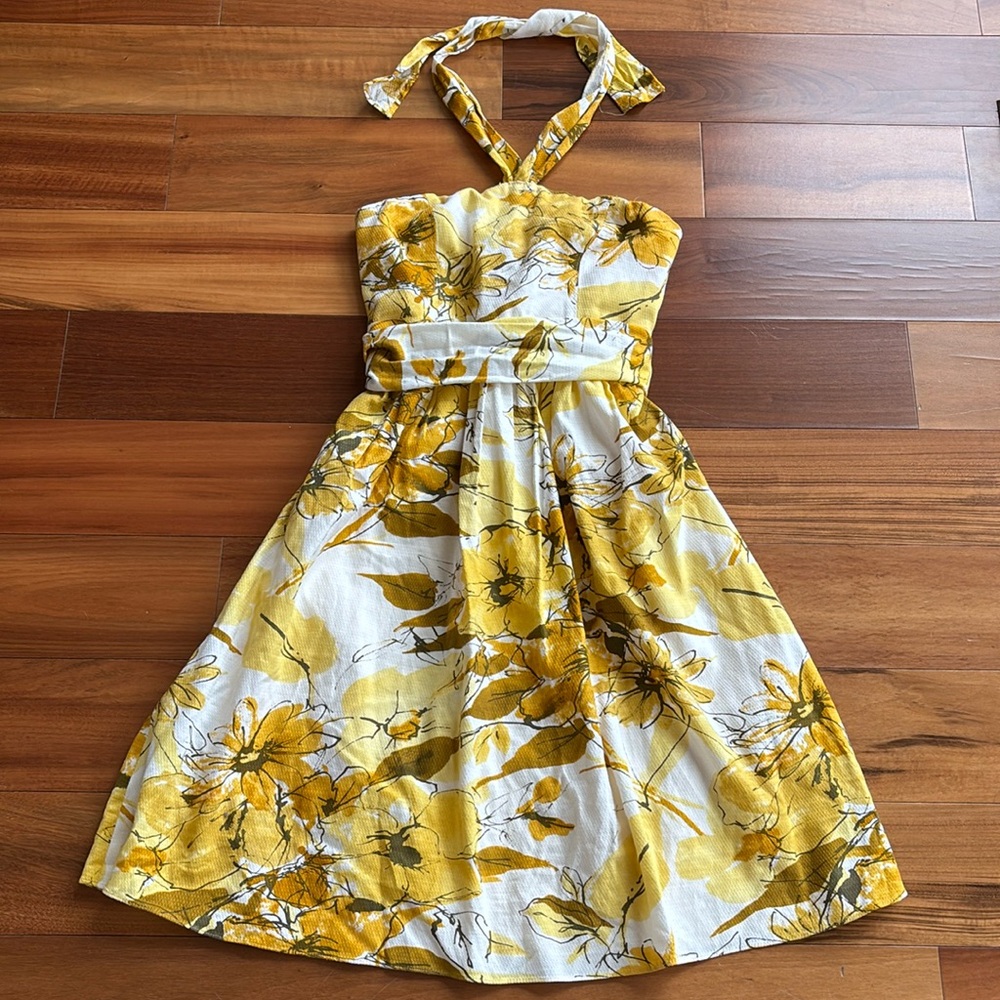 Adrianna Papell White and Yellow Floral Halter Midi Dress
